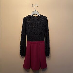 B Darlin Black Lace and Burgundy Dress with Attached Black Camisole Under